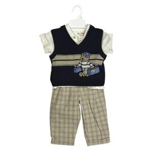 B.T. Kids Vintage Preppy Aesthetic Boys 3pc Outfit Set Navy Tan Cotton Blend